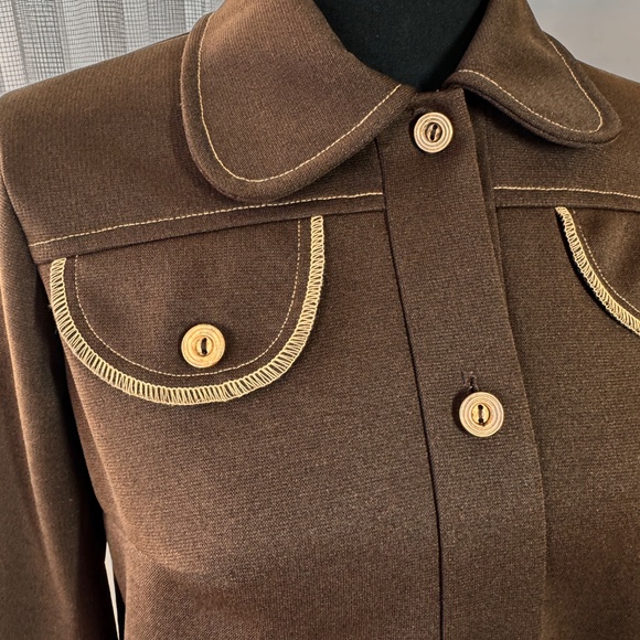 Vintage 80s jacket, chocolate brown blazer, yellow decorative stitches, 6 (S/M) - Picture 3 of 10